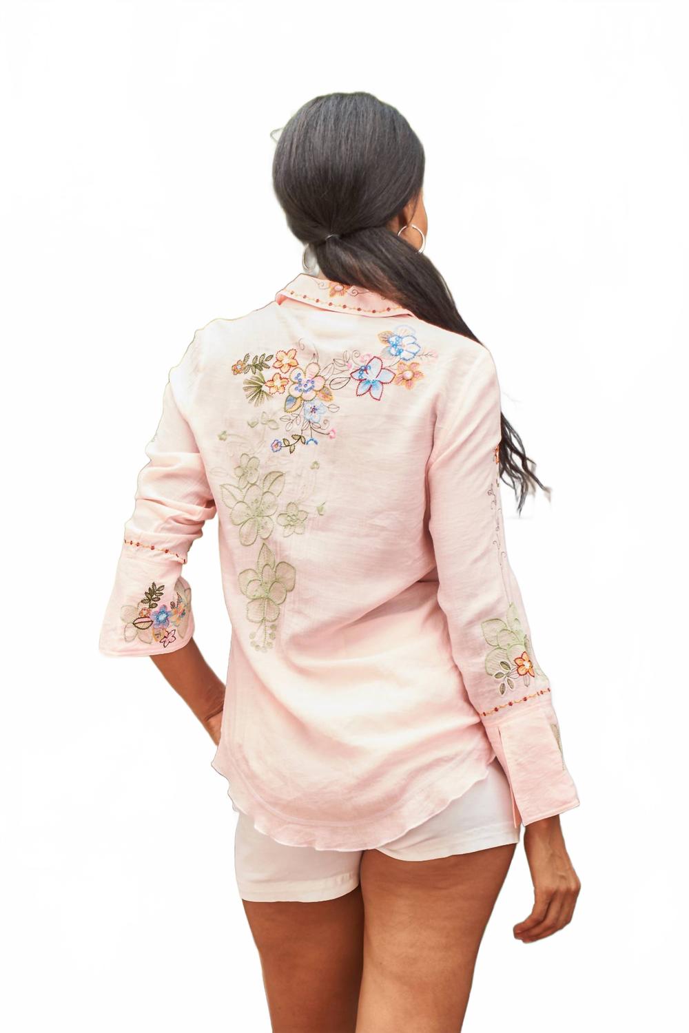 Embroidered Blouse With Wide Split Cuff In Pink