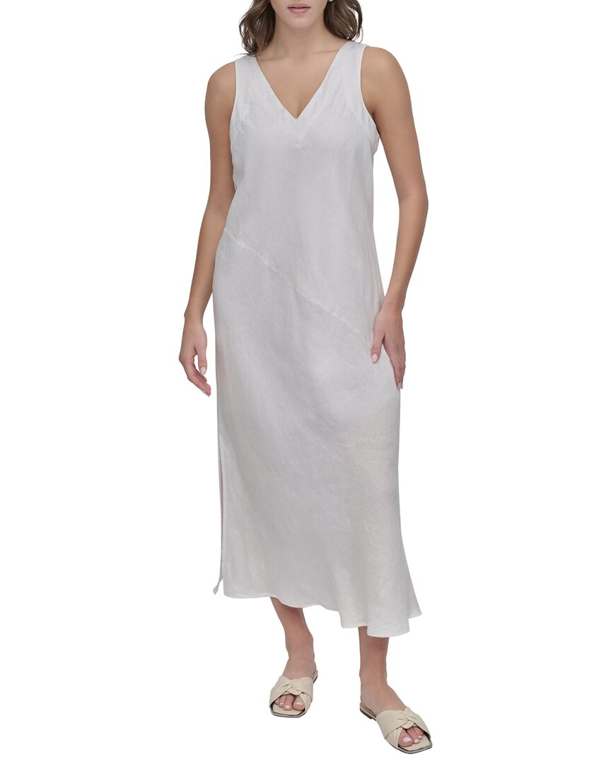 DKNY V Neck Panel Linen Midi Dress