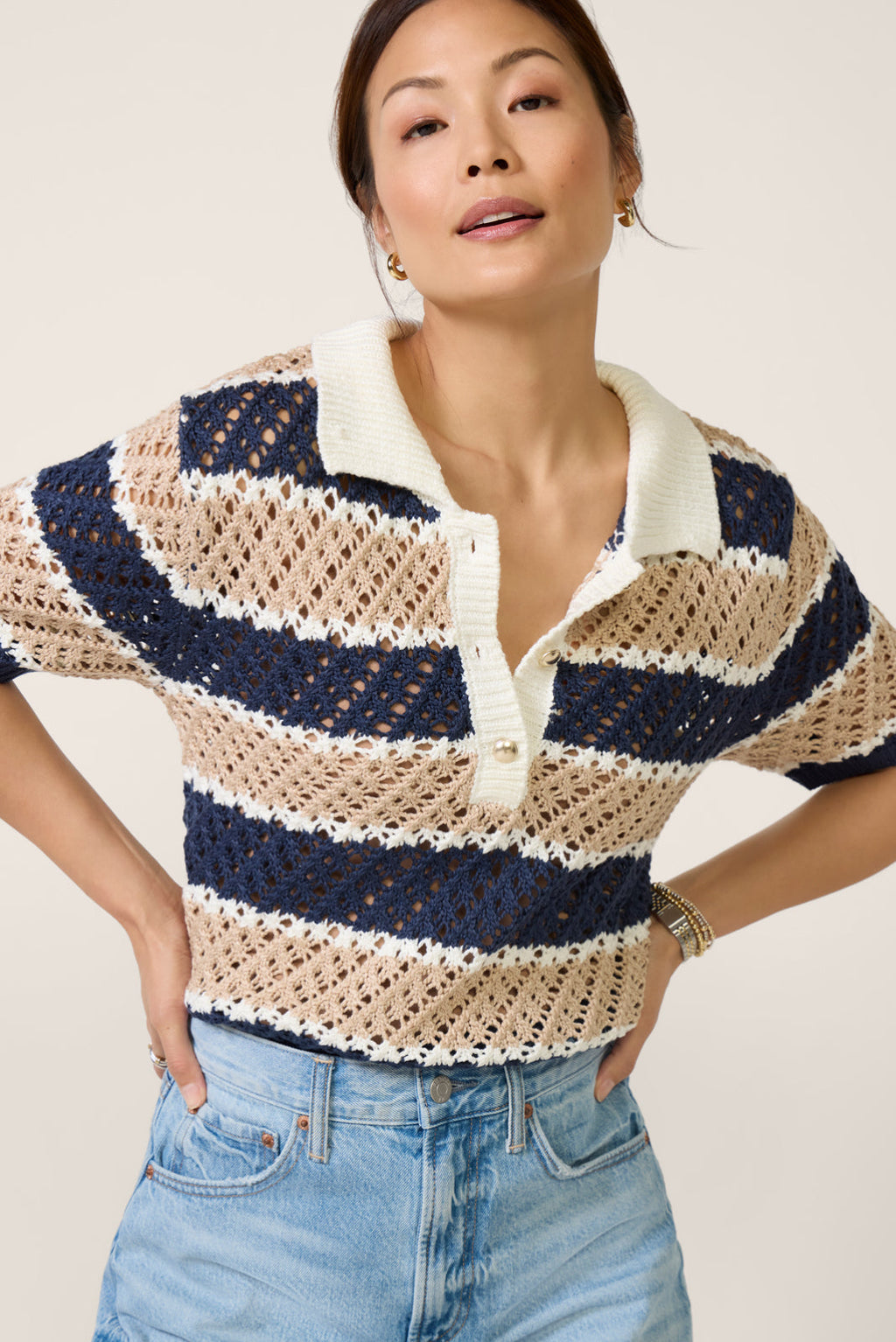 Women's Tatum Stripe Open Stitch Polo Sweater Top