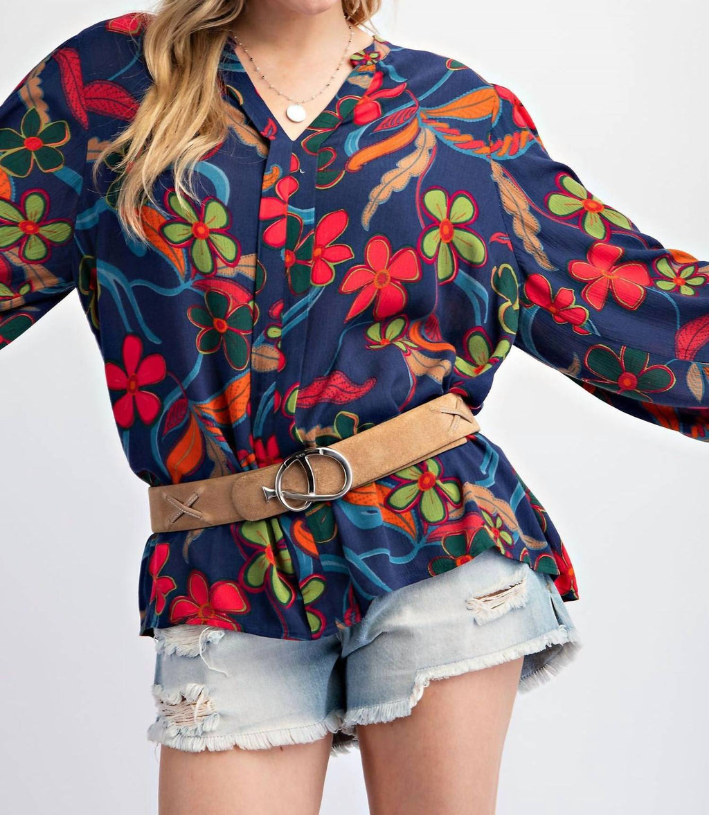Peach Blossom Floral Gauze Top - Plus In Navy