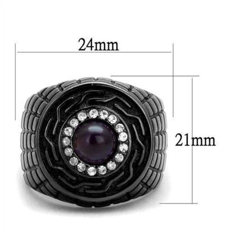 IP Light Black Stainless Steel Ring with Semi-Precious Amethyst Crystal in Amethyst