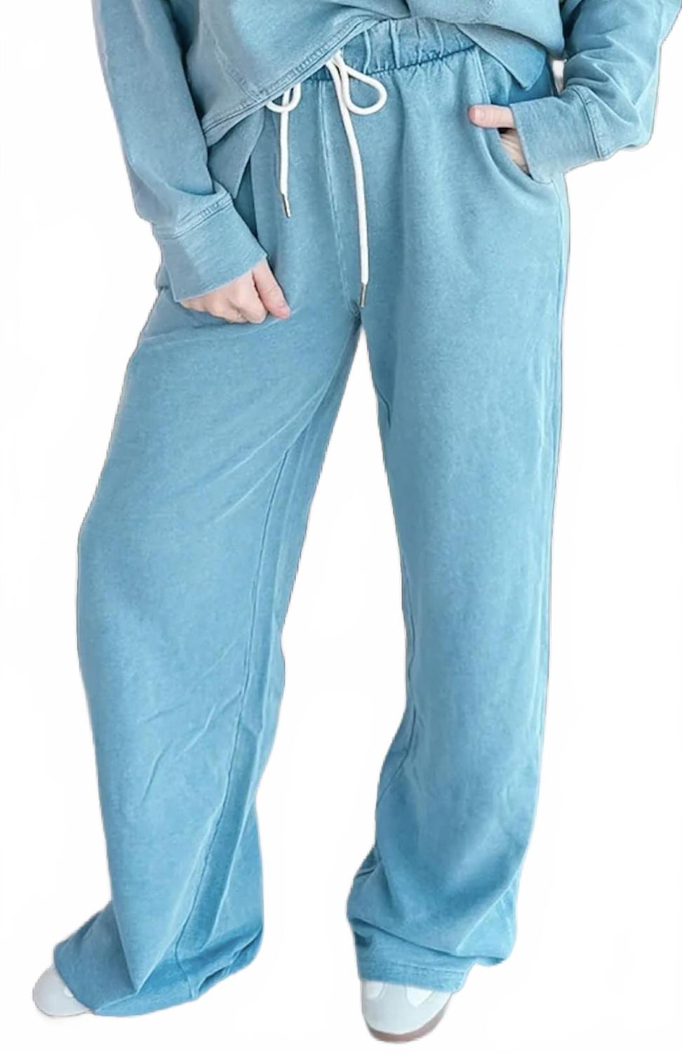 Terry Denim Drawstring Pants In Blue
