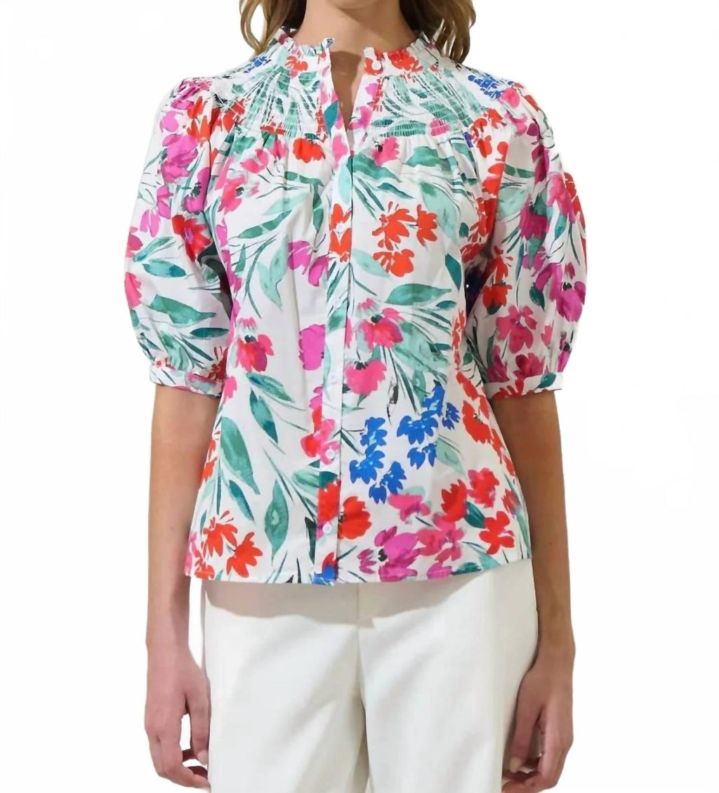 Kivia Blossom Smocked Neck Top In Floral