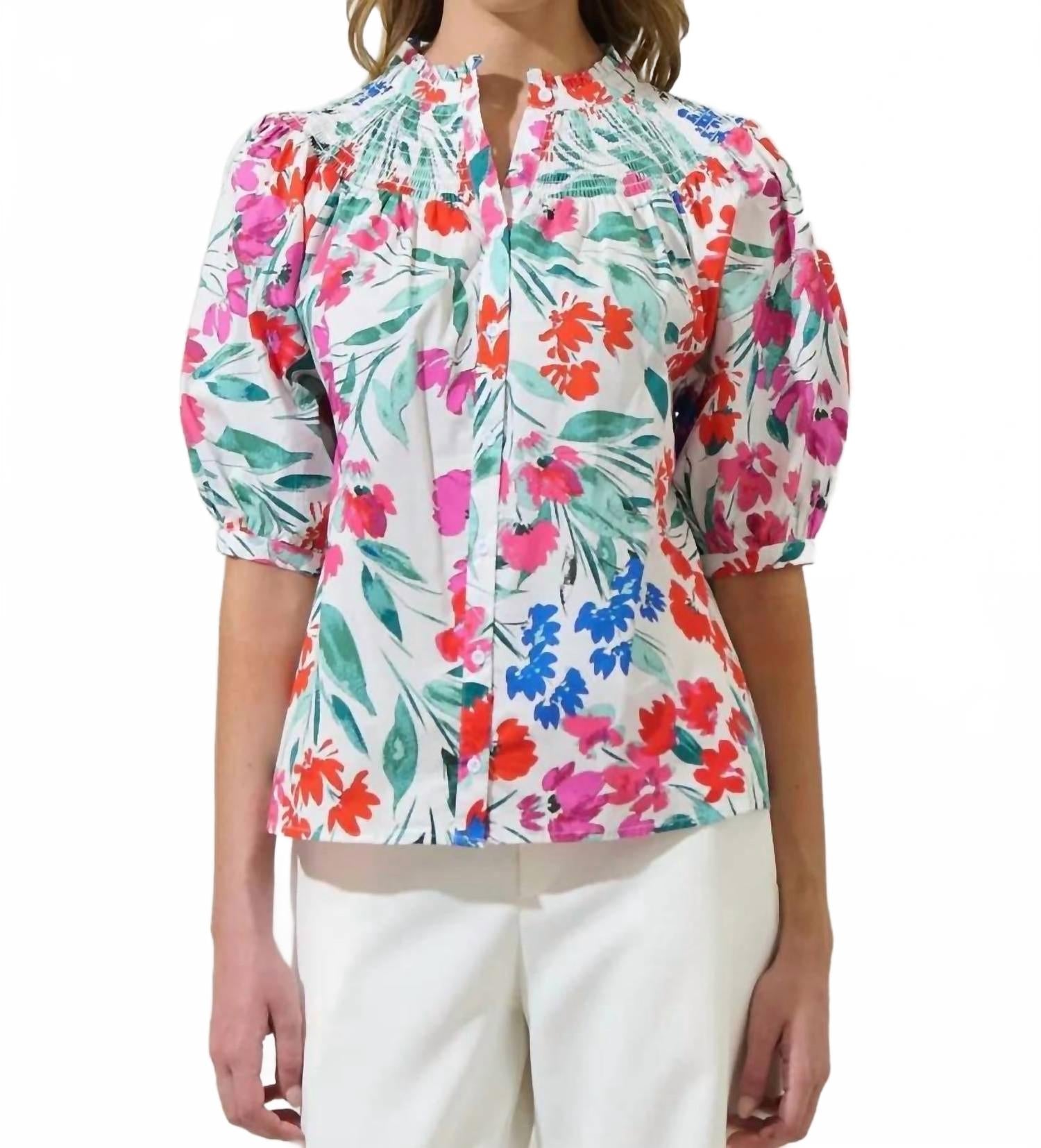 Kivia Blossom Smocked Neck Top In Floral