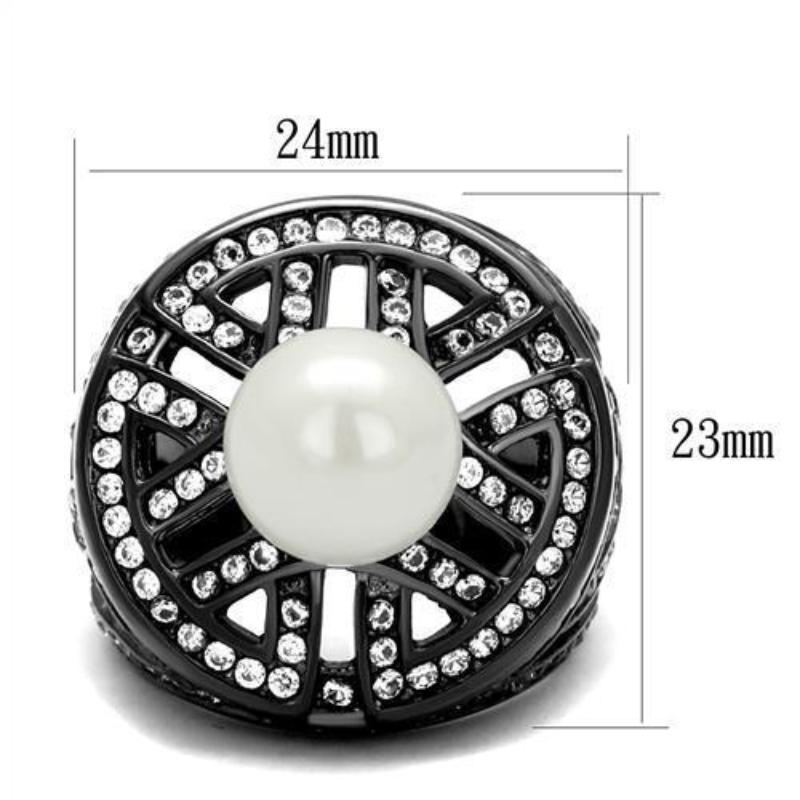 IP Light Black Stainless Steel Ring with Synthetic Pearl in White