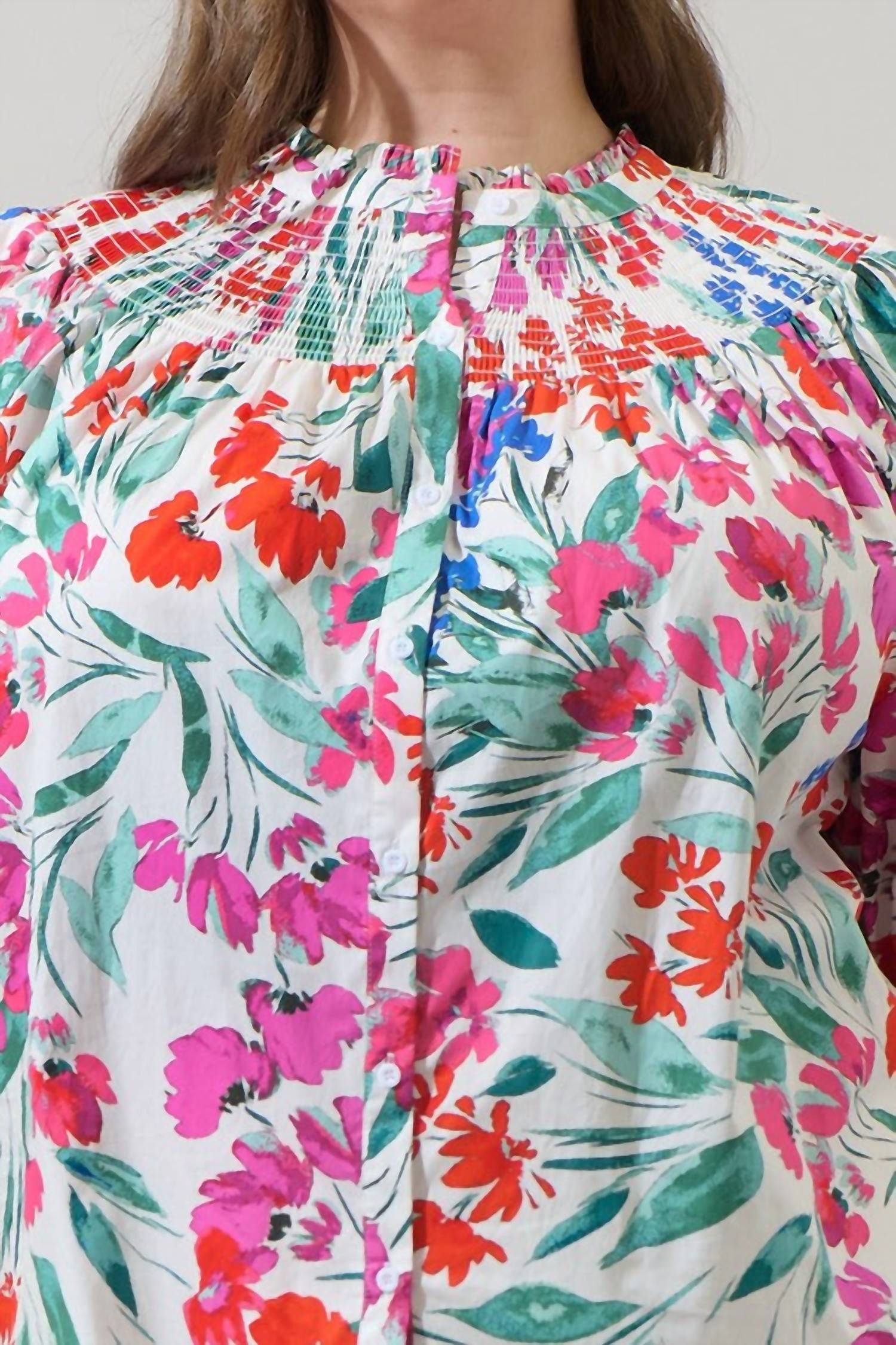 Kivia Blossom Smocked Neck Top In Floral