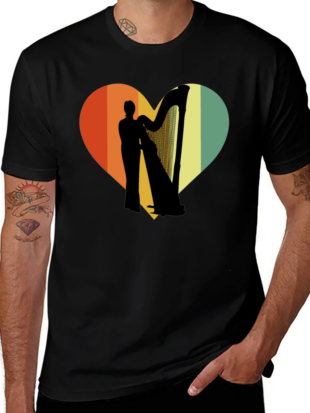 Harp Player Heart Graphic T-Shirt - Retro Style