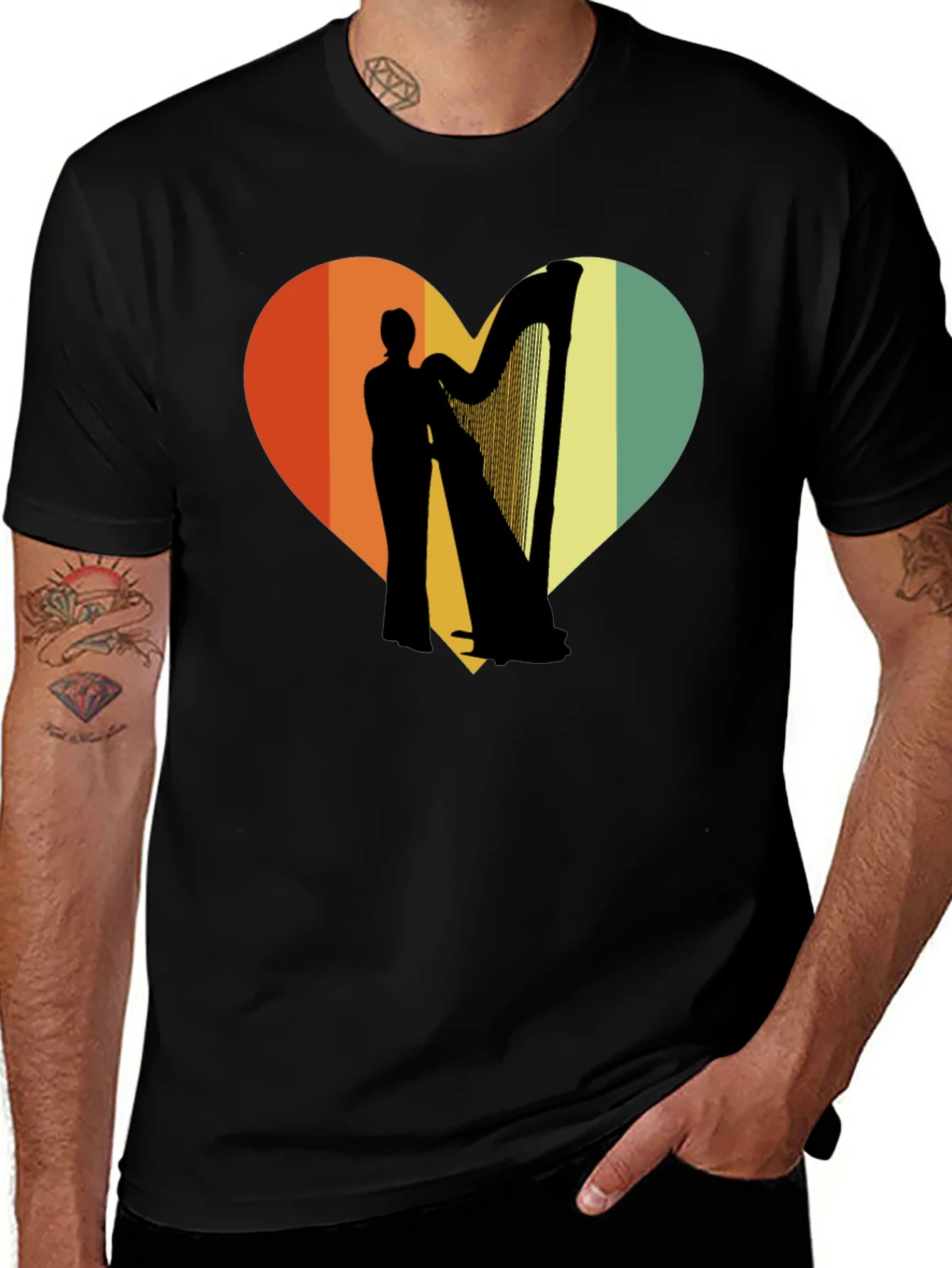 Harp Player Heart Graphic T-Shirt - Retro Style