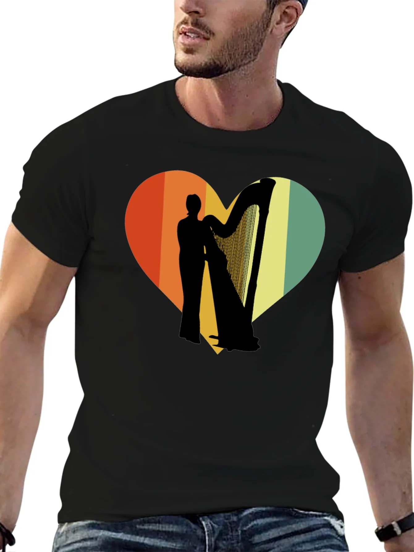 Harp Player Heart Graphic T-Shirt - Retro Style