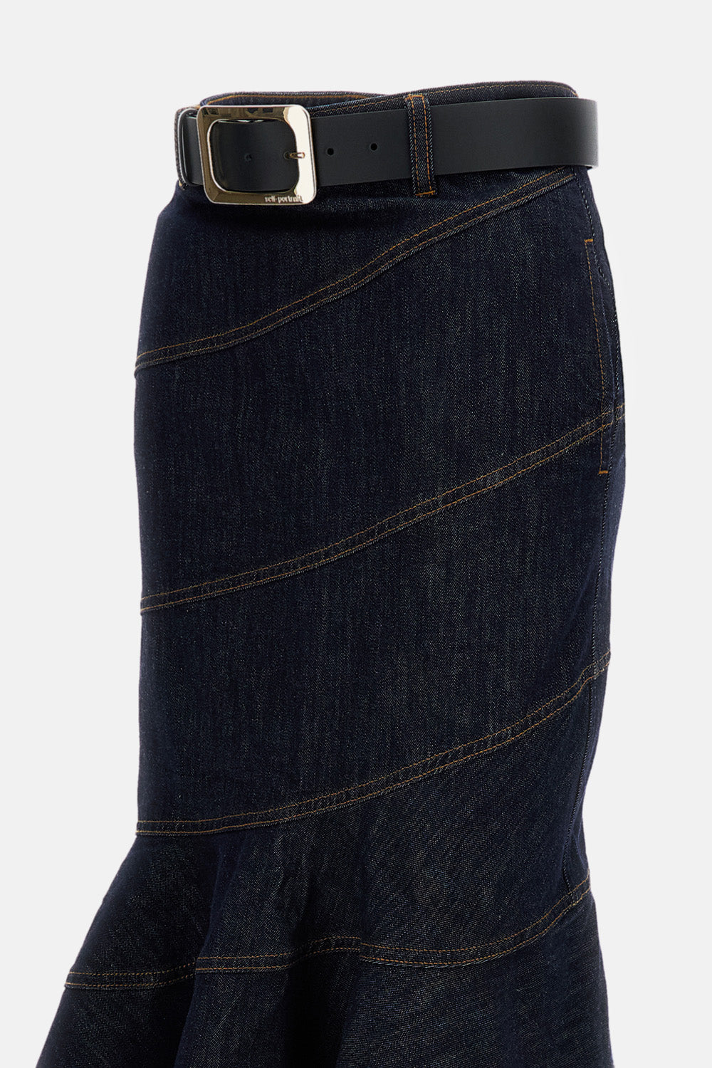 Self-Portrait Women Indigo Denim Belted Midi Skirt