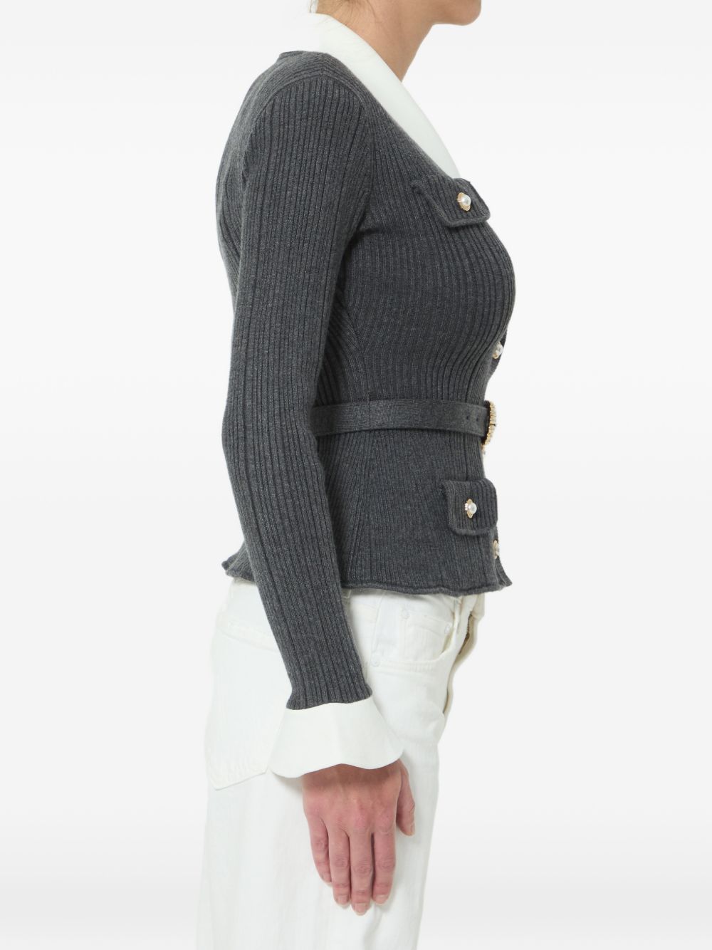 Self Portrait Women Belted Ribbed Cardigan