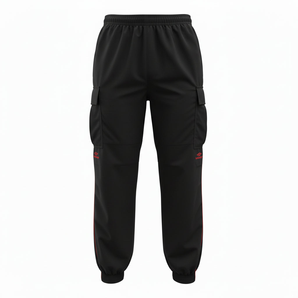 BALENCIAGA UNISEX BLACK CARGO PANTS WITH RED STRIPE - SIZE 48