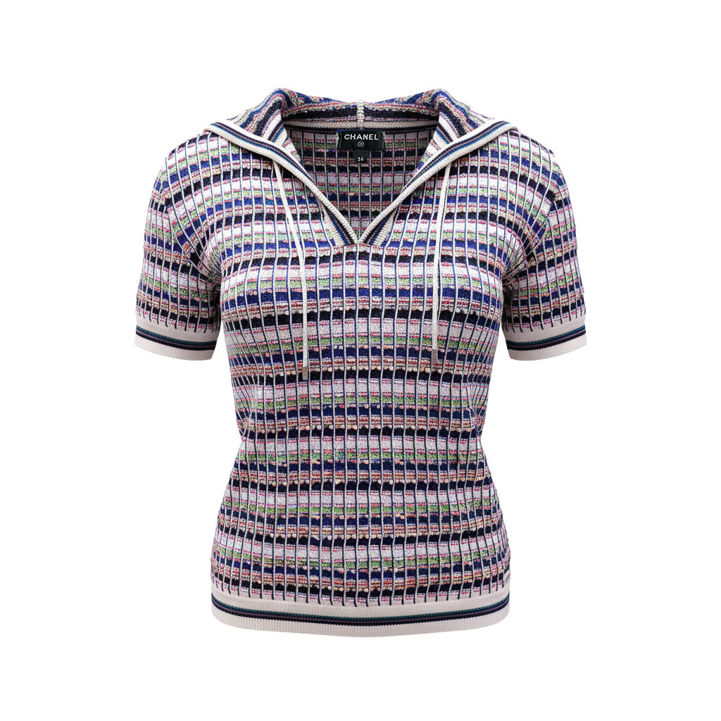 CHANEL MULTICOLOUR HOODED SHORT SLEEVE SWEATER - SIZE 34 (OVERSIZED)