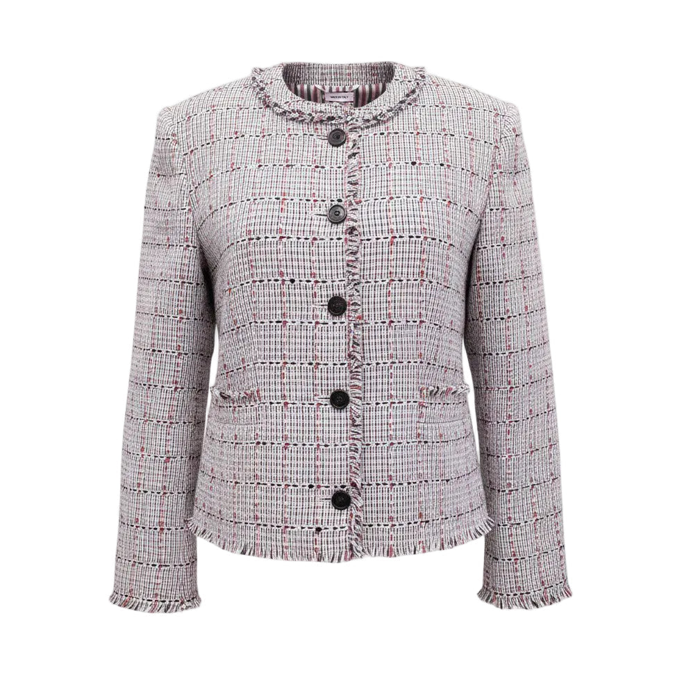 THOM BROWNE GREY CHECK TWEED CARDIGAN JACKET WITH FRAY DETAIL - SIZE 40