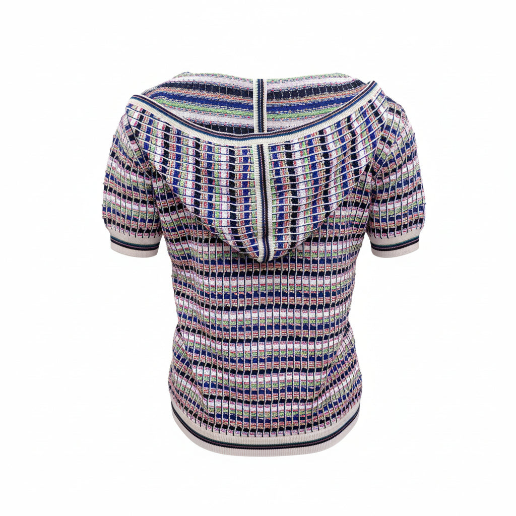 CHANEL MULTICOLOUR HOODED SHORT SLEEVE SWEATER - SIZE 34 (OVERSIZED)