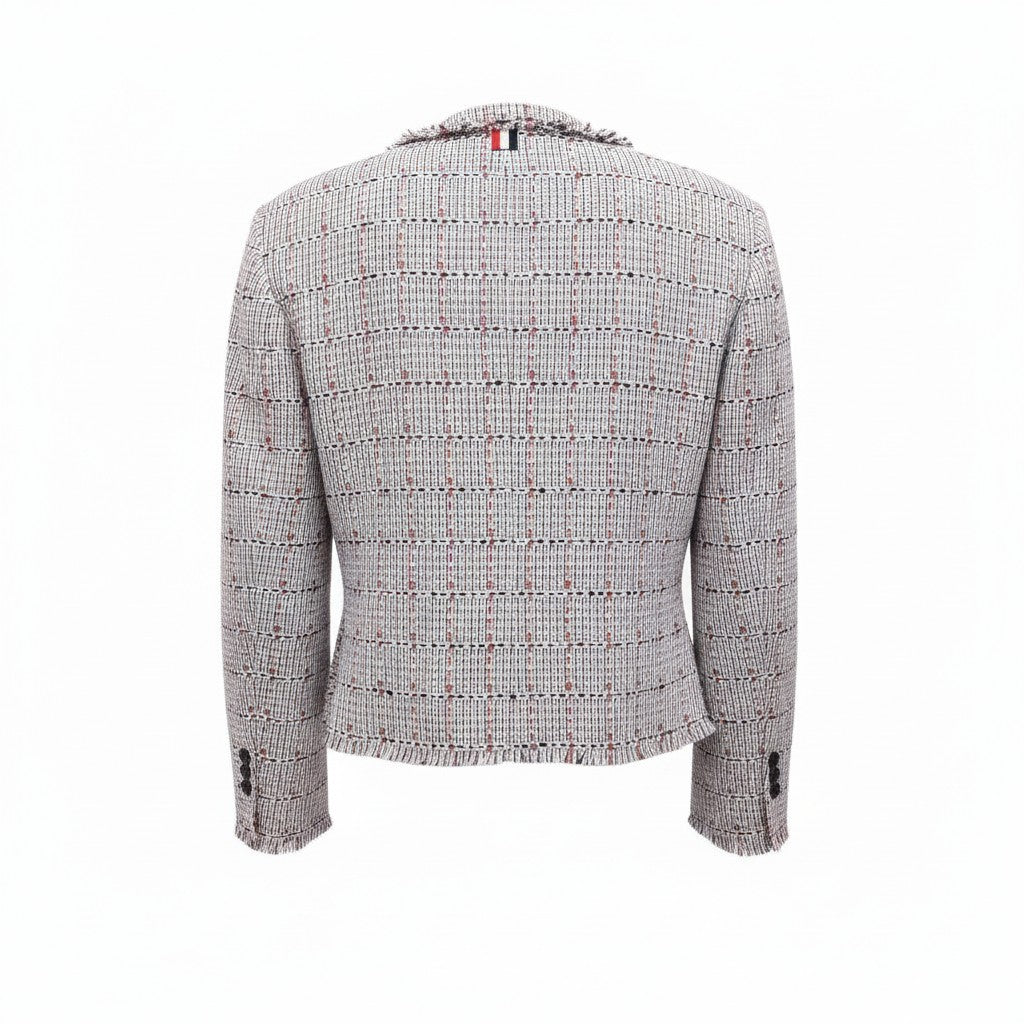 THOM BROWNE GREY CHECK TWEED CARDIGAN JACKET WITH FRAY DETAIL - SIZE 40