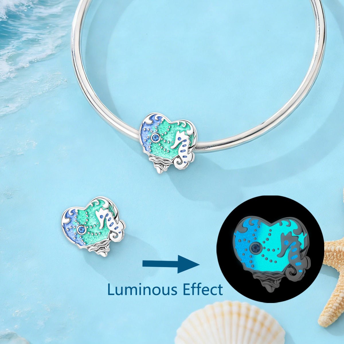 Glow-in-the-Dark Seahorse Ocean Heart Charm