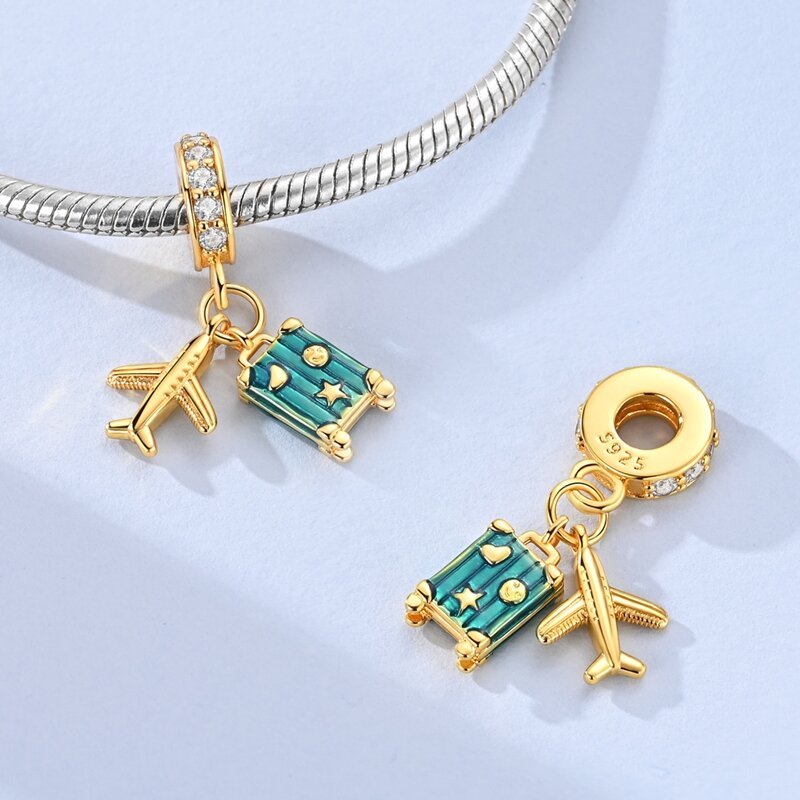 Golden Adventure Suitcase & Airplane Dangle Charm
