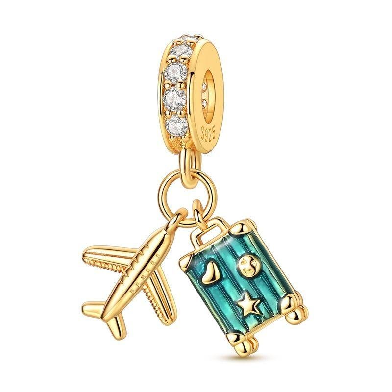 Golden Adventure Suitcase & Airplane Dangle Charm