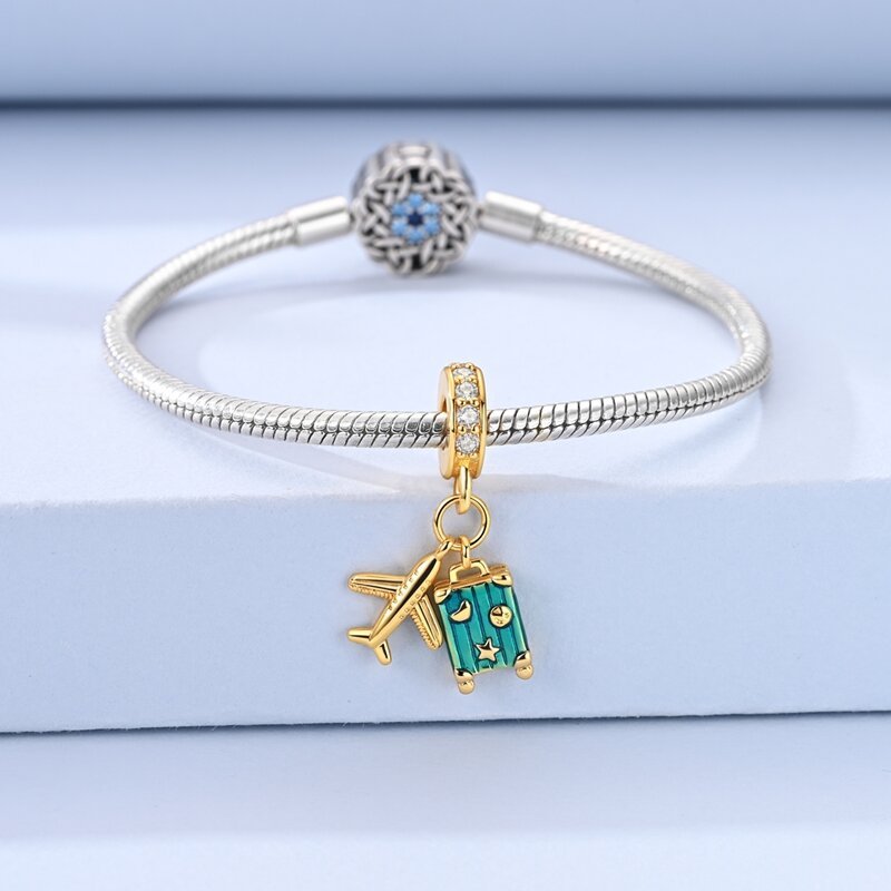 Golden Adventure Suitcase & Airplane Dangle Charm