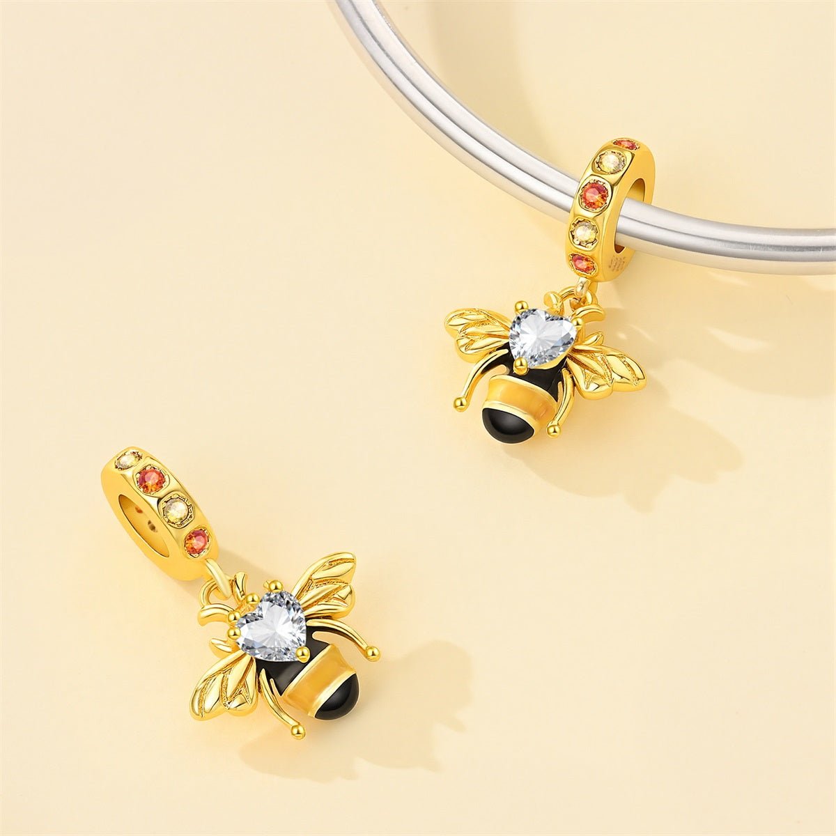 Golden Bee with Heart Crystal Dangle Charm