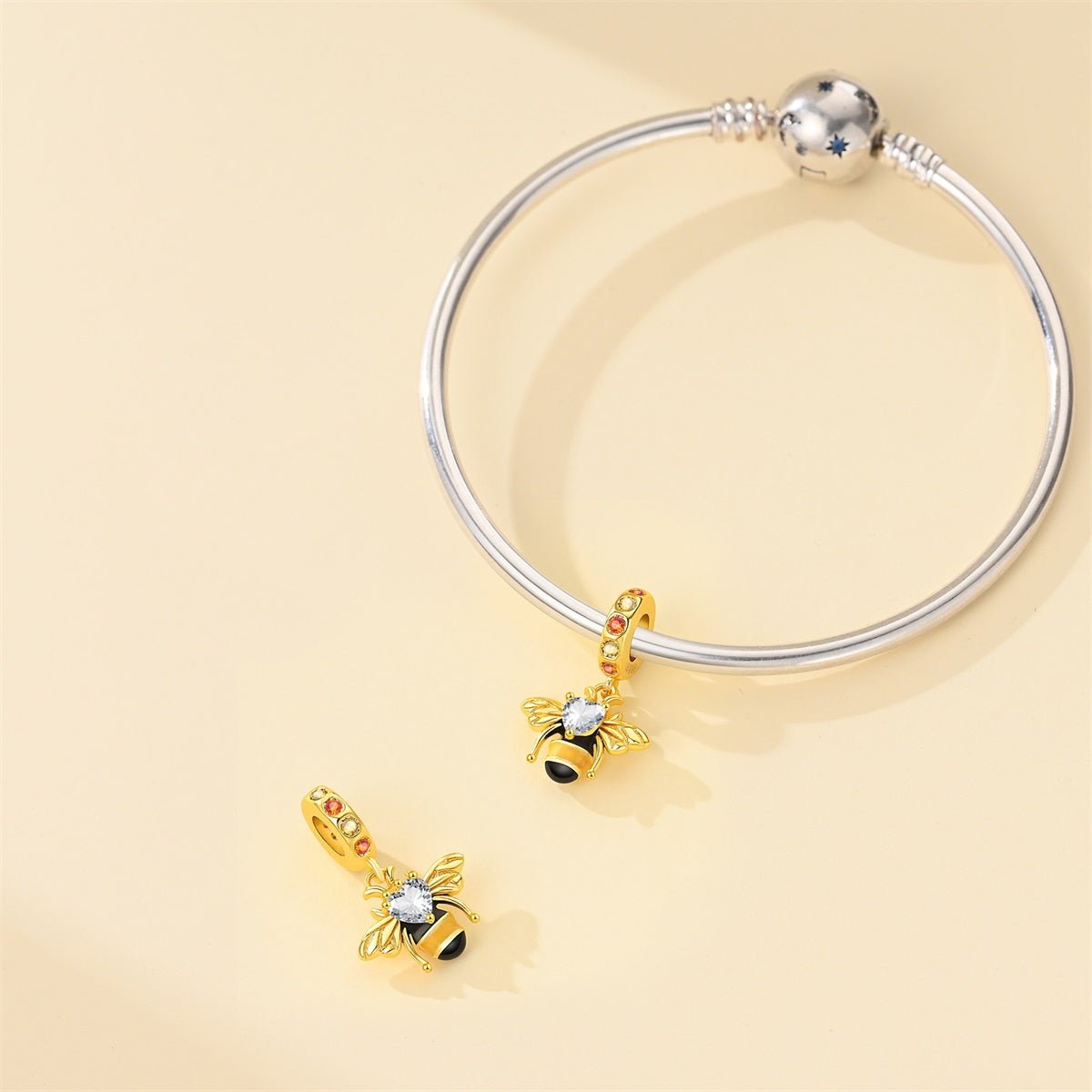 Golden Bee with Heart Crystal Dangle Charm