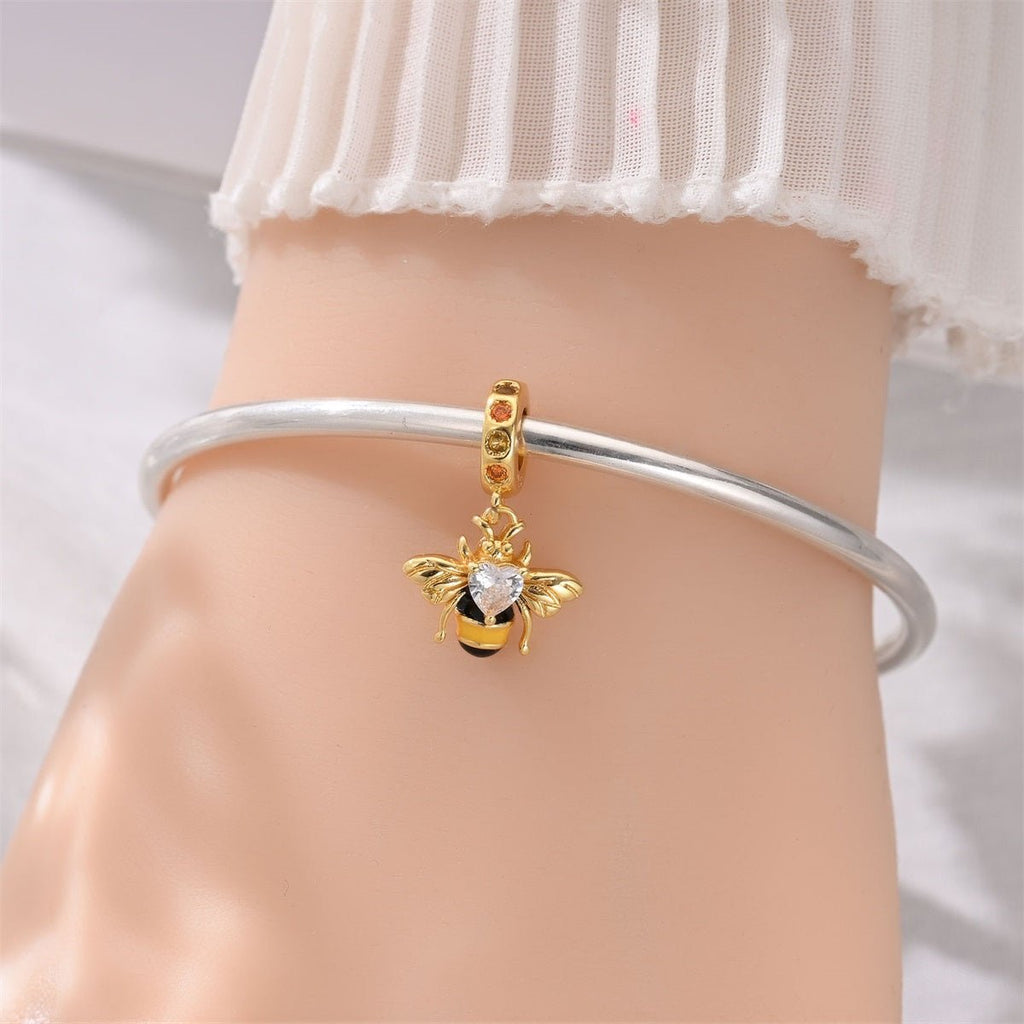Golden Bee with Heart Crystal Dangle Charm