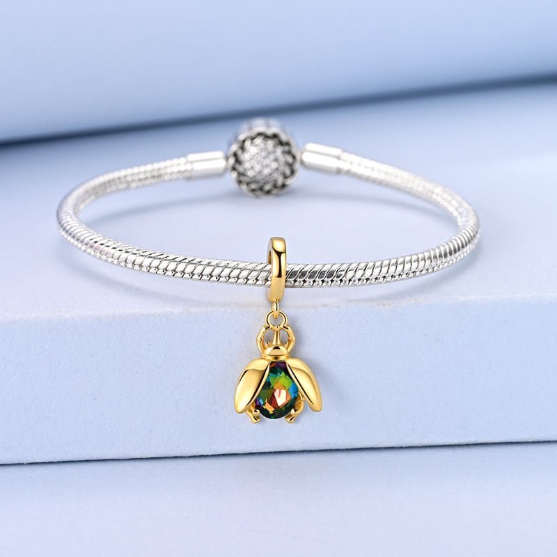 Golden Beetle with Multicolor Crystal Dangle Charm