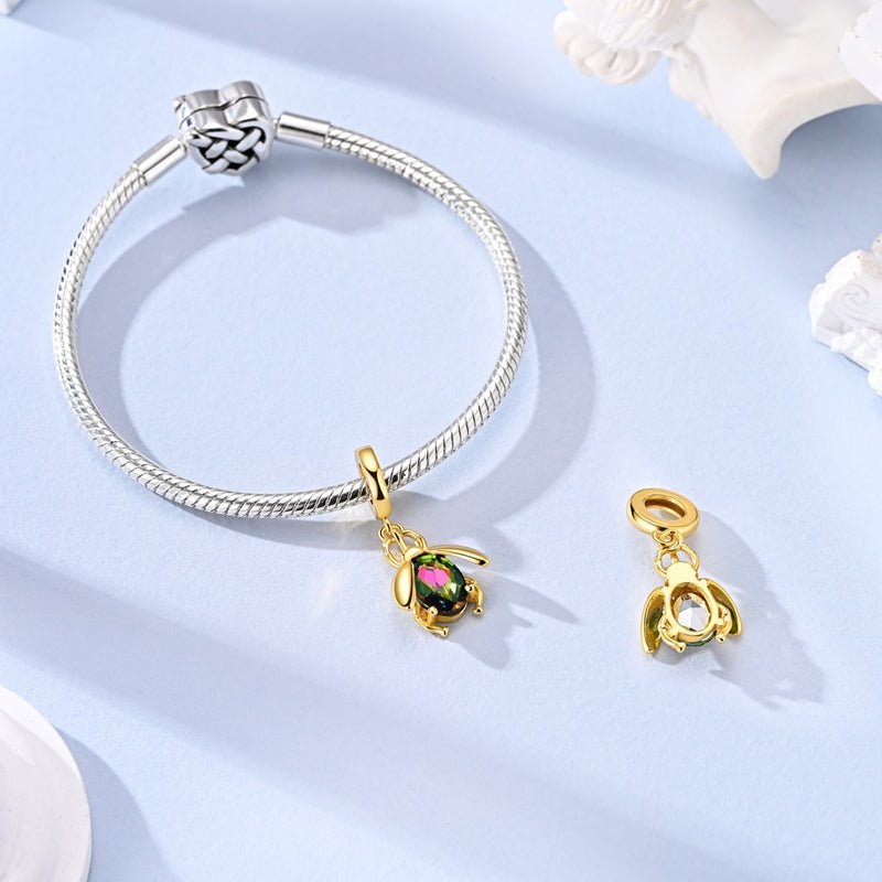 Golden Beetle with Multicolor Crystal Dangle Charm