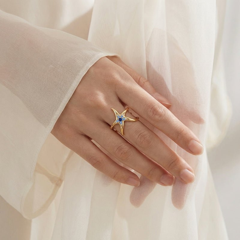 Golden Blue Starfish Adjustable Ring