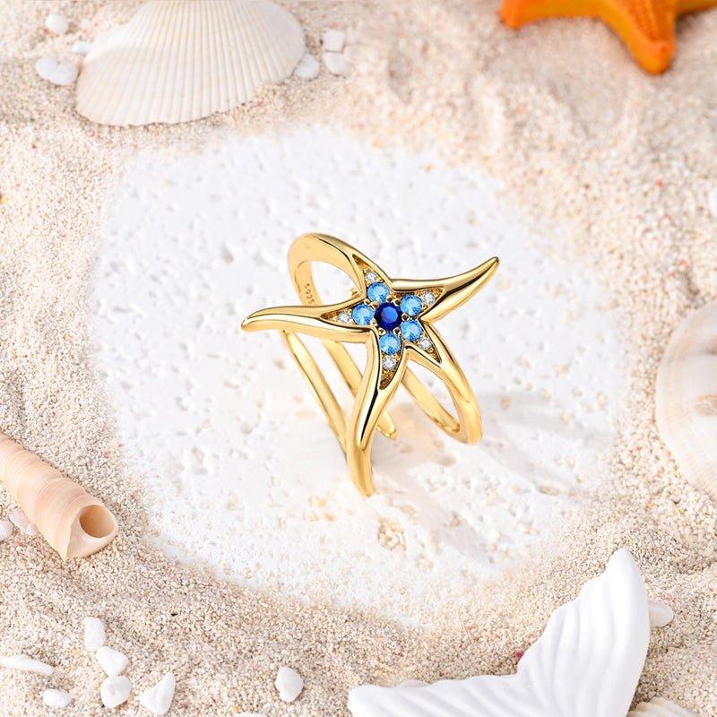 Golden Blue Starfish Adjustable Ring