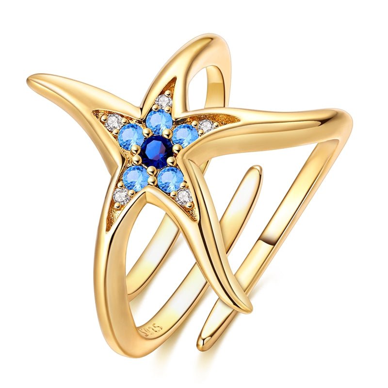 Golden Blue Starfish Adjustable Ring