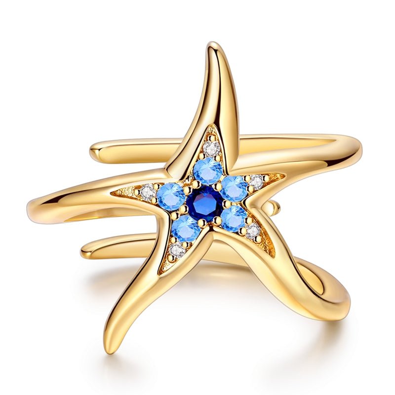Golden Blue Starfish Adjustable Ring