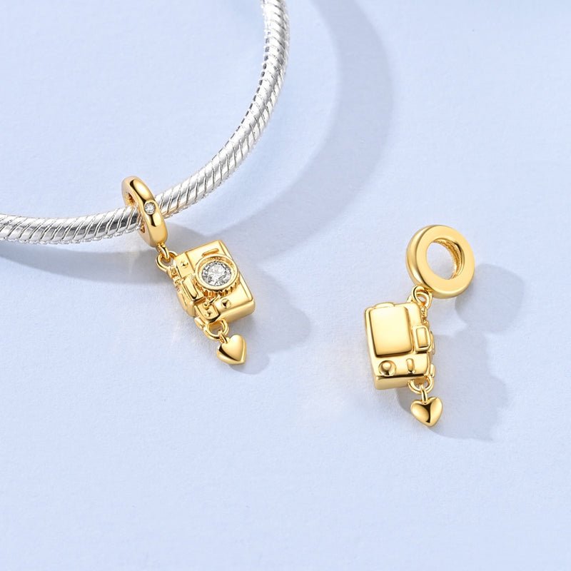 Golden Camera with Heart Dangle Charm