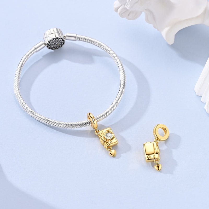 Golden Camera with Heart Dangle Charm