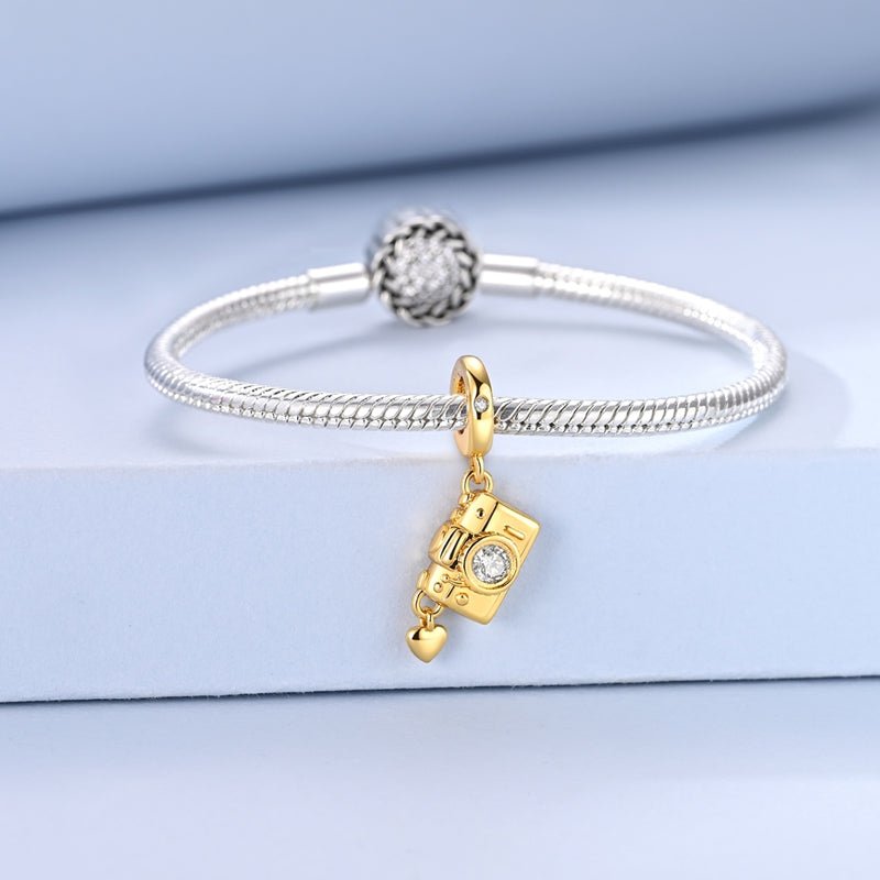 Golden Camera with Heart Dangle Charm