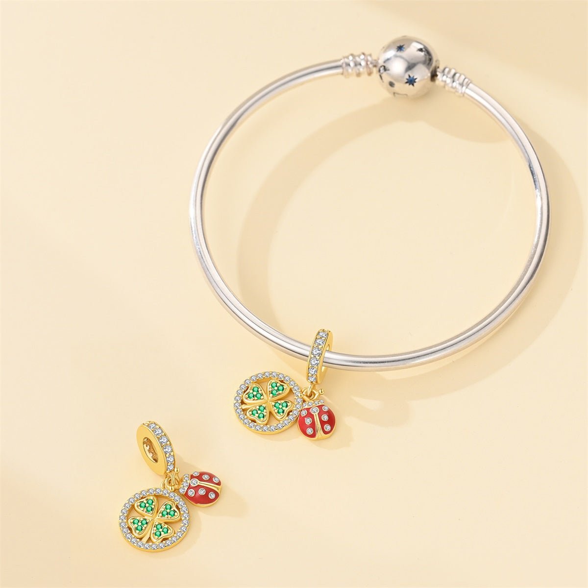 Golden Four-Leaf Clover & Ladybug Lucky Dangle Charm