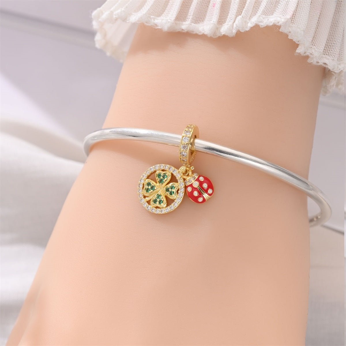 Golden Four-Leaf Clover & Ladybug Lucky Dangle Charm