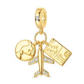 Golden Globe, Airplane & Postcard Triple Dangle Charm