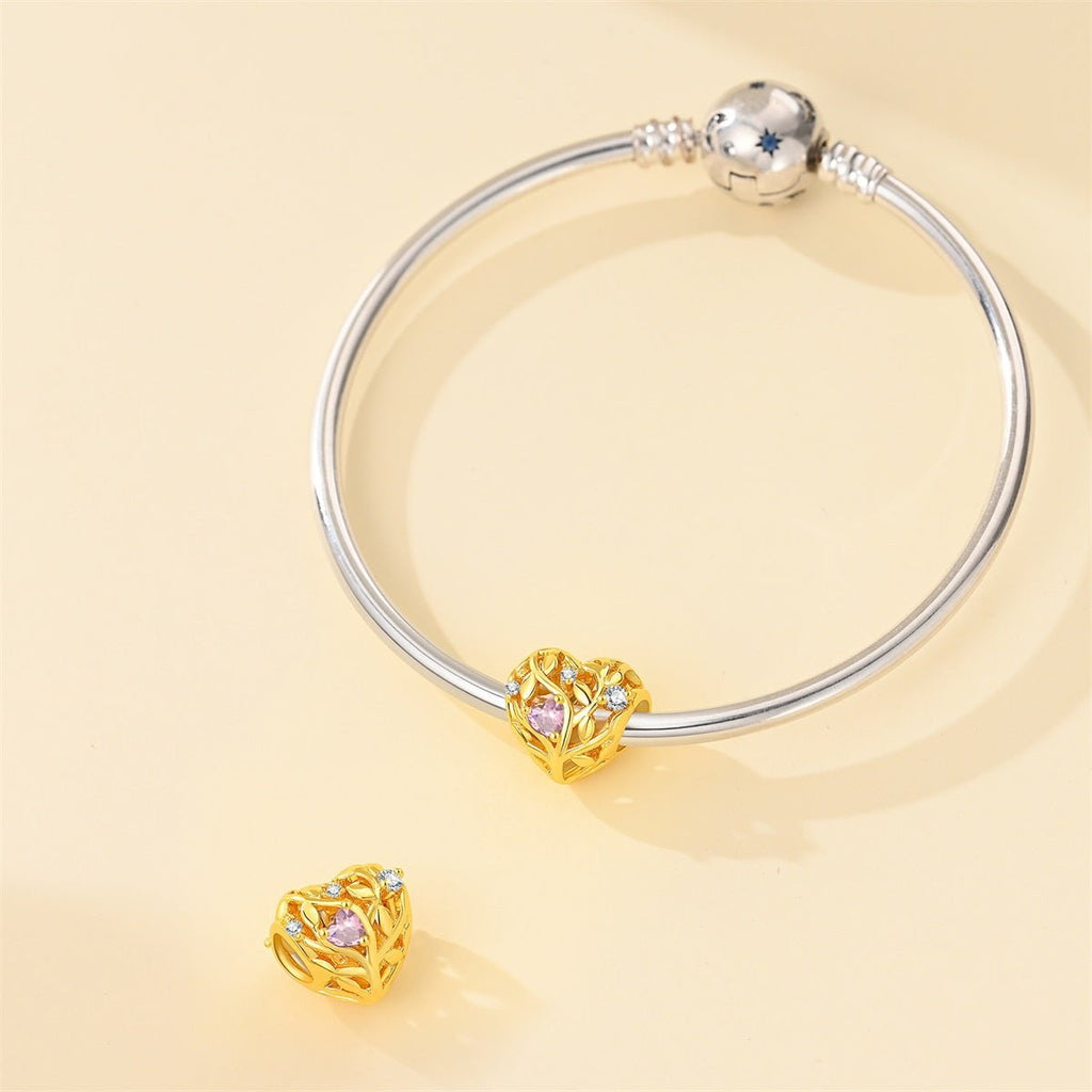 Golden Heart Tree of Life Pink Crystal Charm