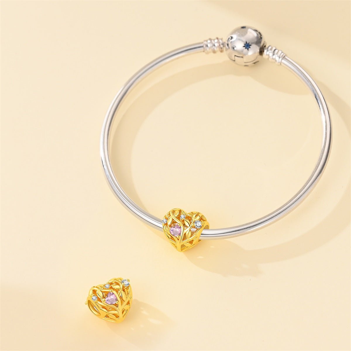 Golden Heart Tree of Life Pink Crystal Charm