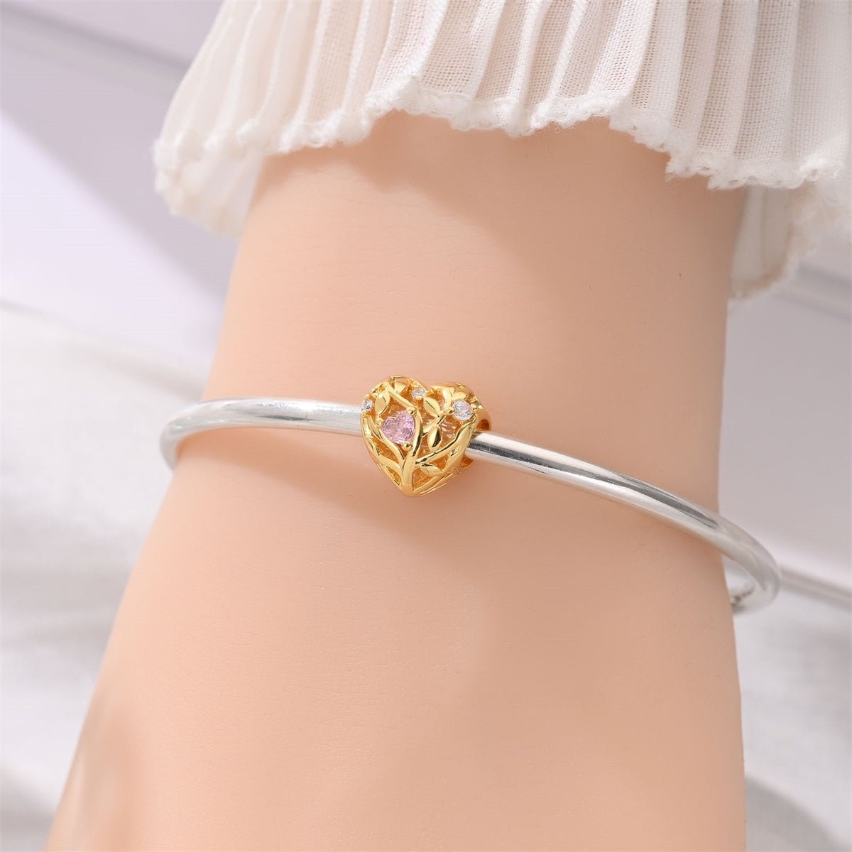 Golden Heart Tree of Life Pink Crystal Charm