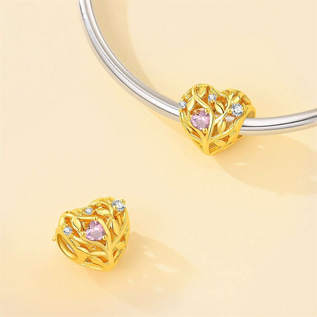 Golden Heart Tree of Life Pink Crystal Charm