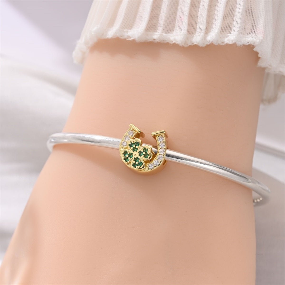 Golden Horseshoe with Green Clover Lucky Charm