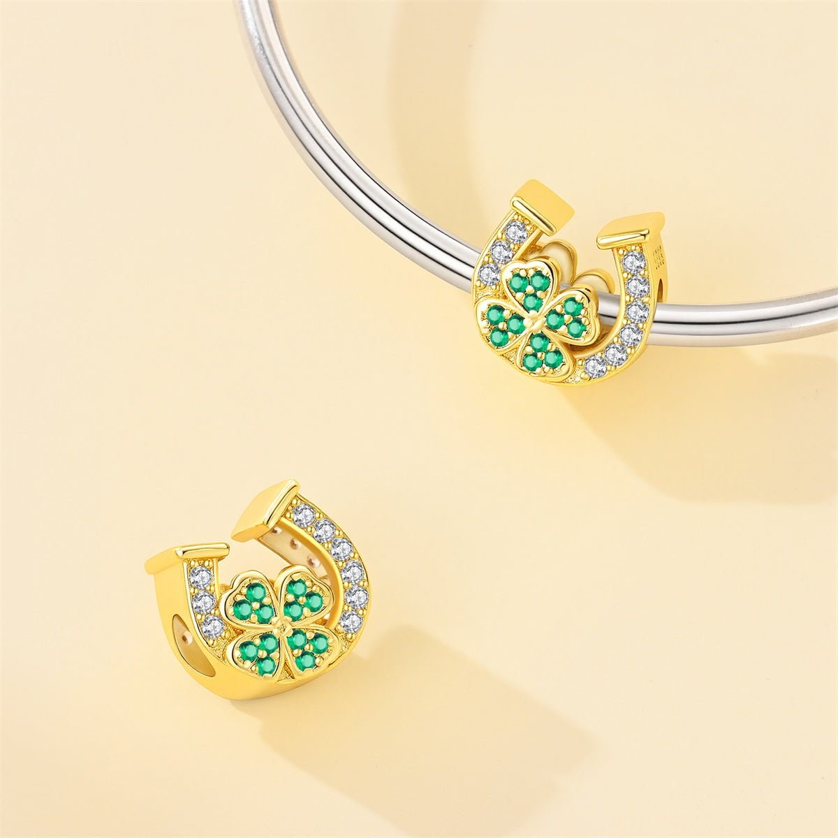 Golden Horseshoe with Green Clover Lucky Charm