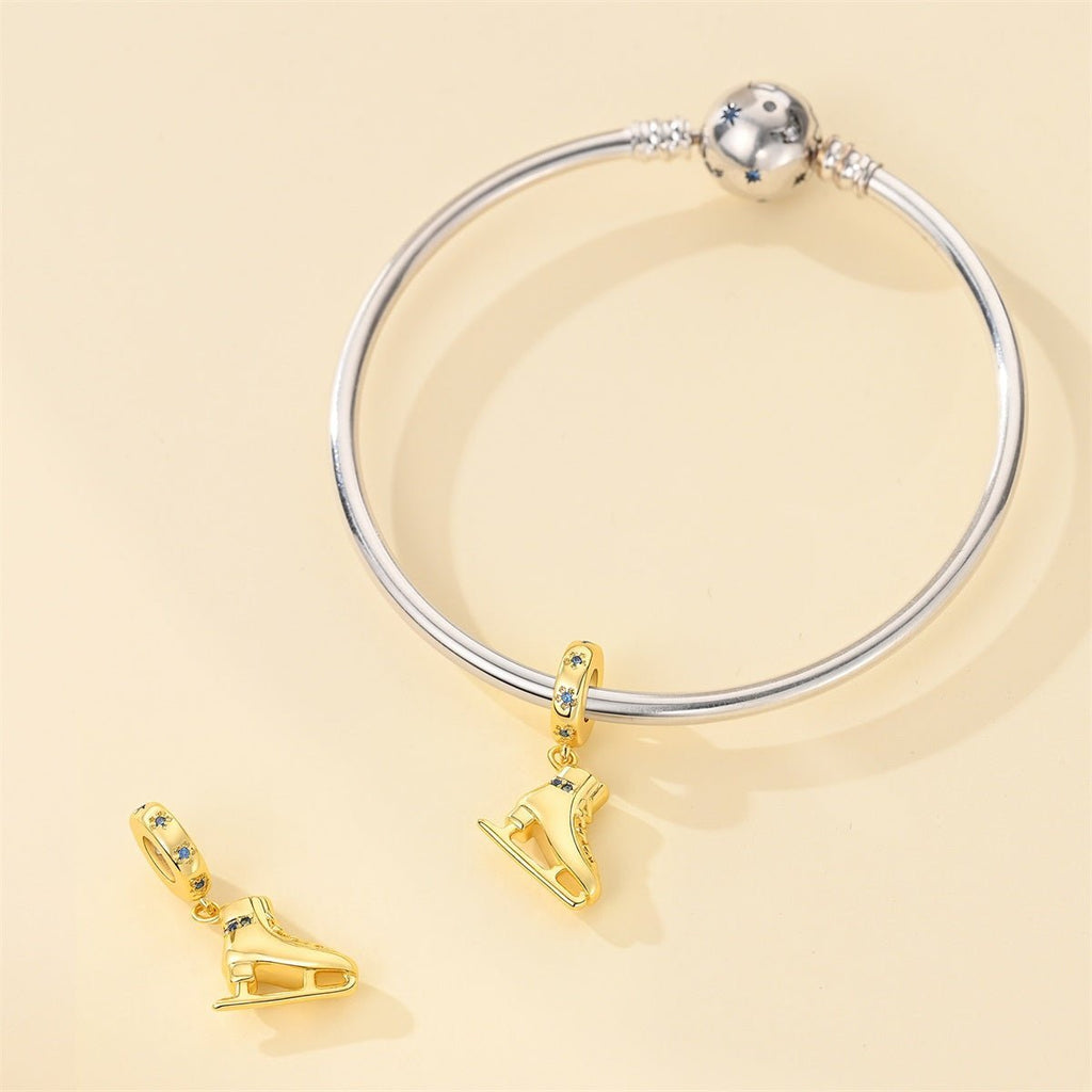 Golden Ice Skate with Blue Crystal Dangle Charm