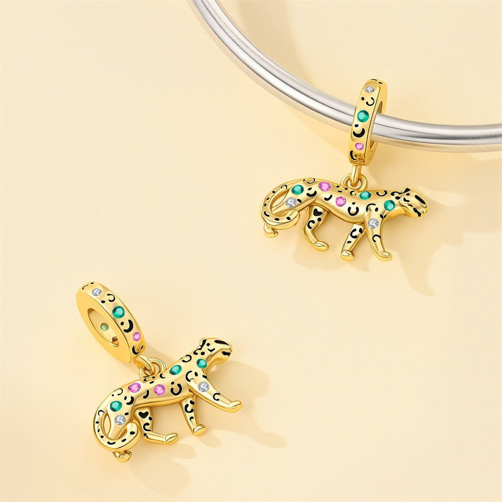 Golden Leopard with Colorful Stones Dangle Charm