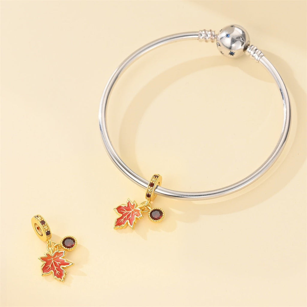 Golden Maple Leaf & Red Crystal Dangle Charm
