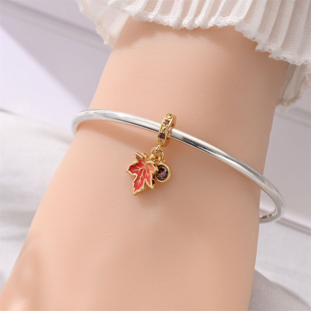 Golden Maple Leaf & Red Crystal Dangle Charm