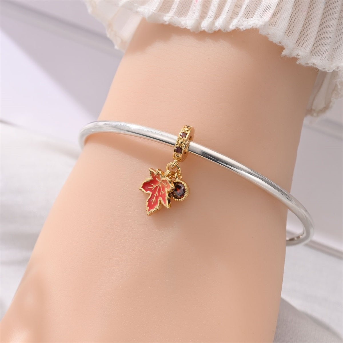 Golden Maple Leaf & Red Crystal Dangle Charm